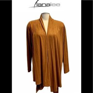 Lanalee faux suede camel coloured open front asymmetrical cardigan sweater Sz L